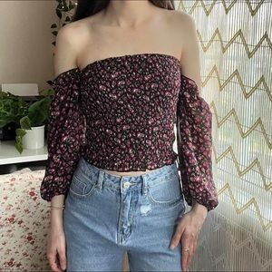 Wild Fable Pink Black Floral Smocked Cropped Off the Shoulder Blouse